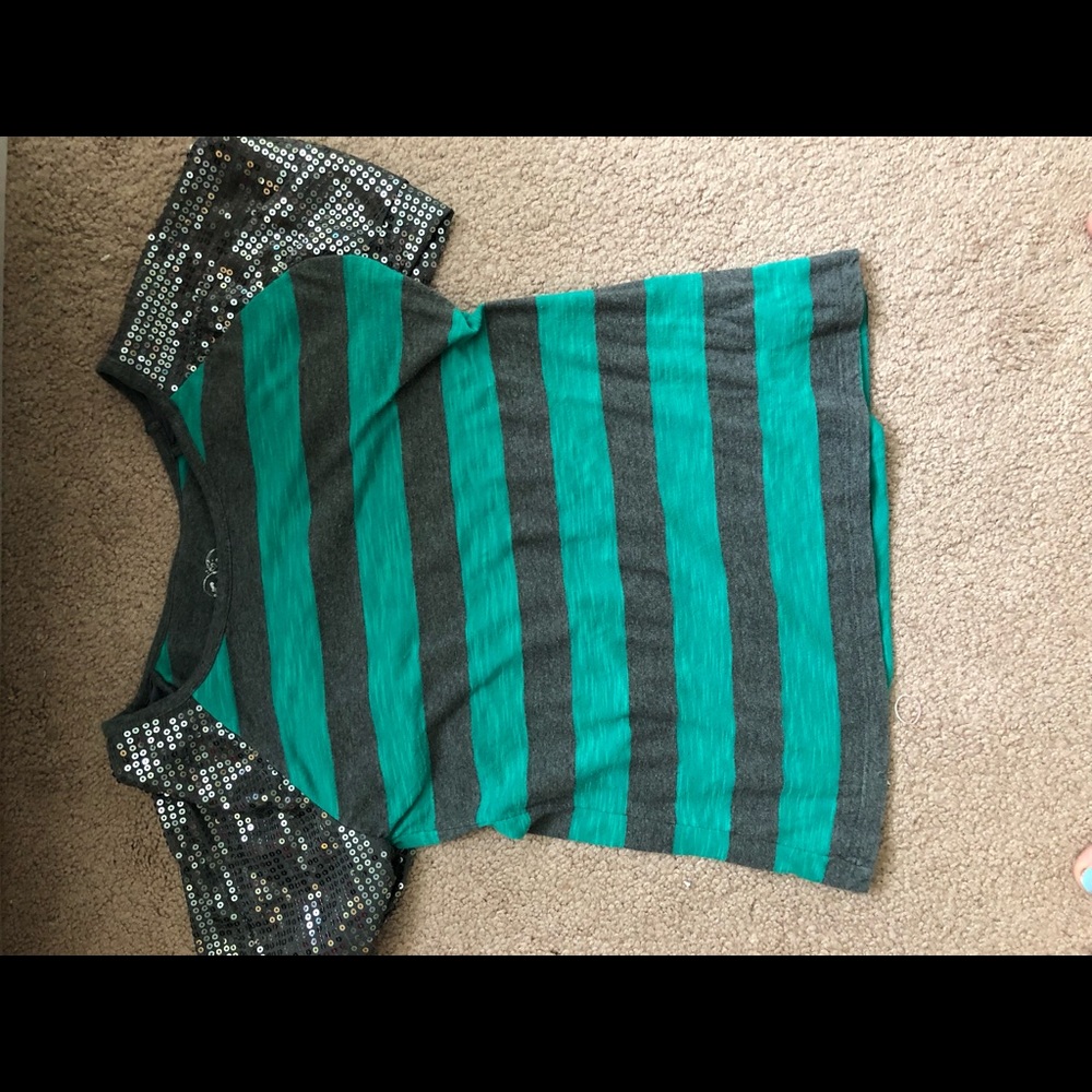 Turquoise and Grey Striped Sequined Long Sleeve